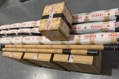 Boxed lighting products prepared for international freight delivery