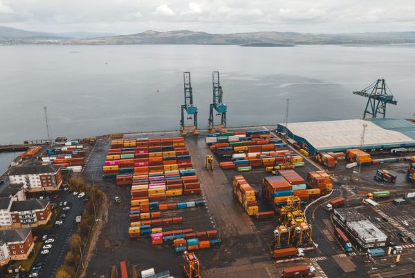 Container Ship Scottish Port waiting import duty from China to UK