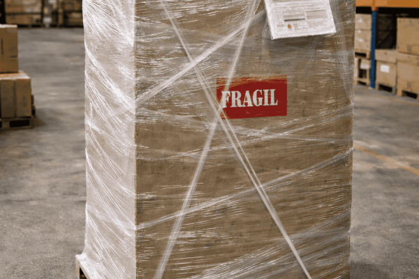 Palletised shipment of printed packaging boxes secured with stretch wrap inside a warehouse