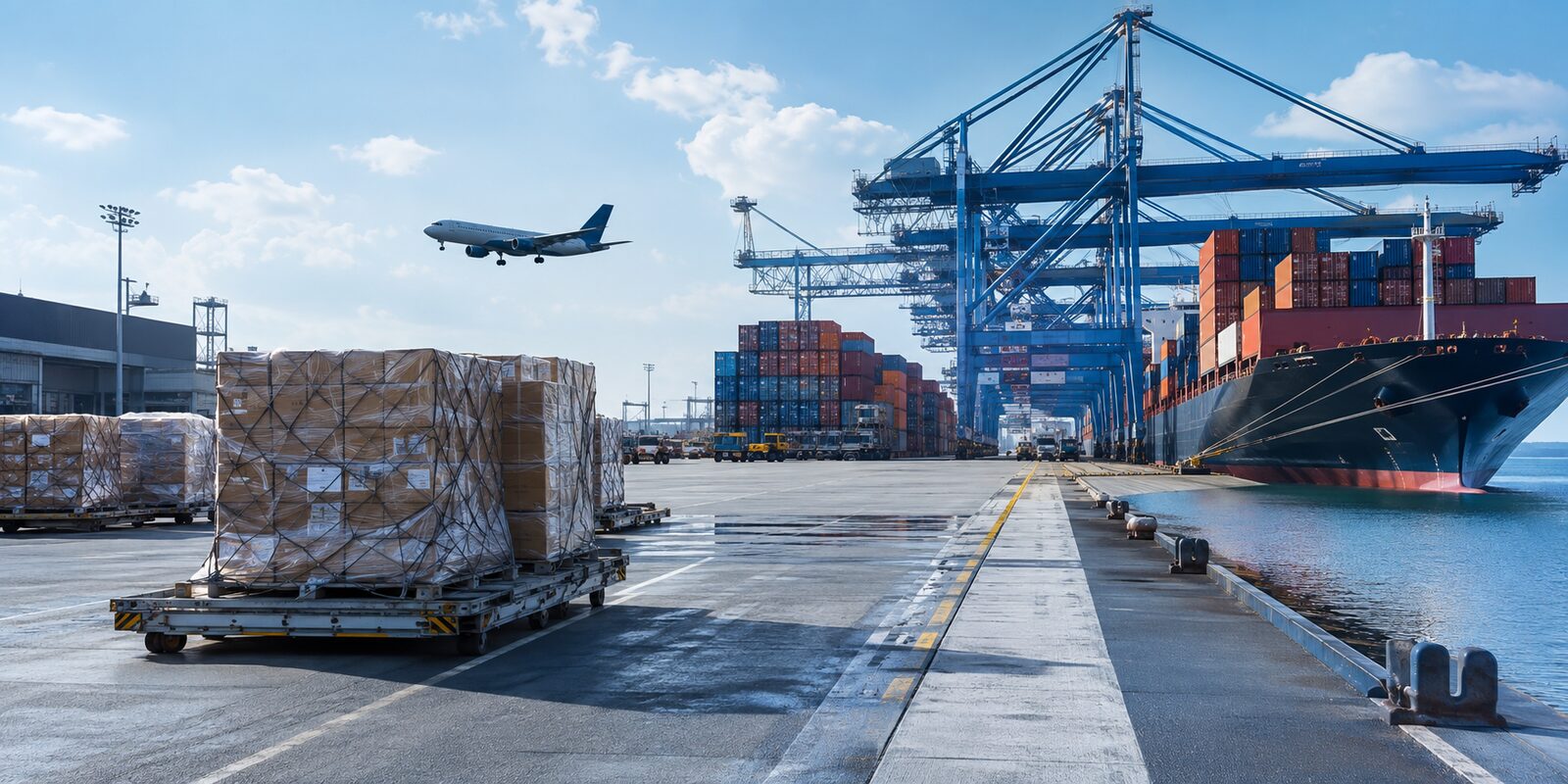 Cargo pallets at a port with a freight aircraft and container ship