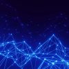 Abstract digital landscape with glowing blue lines and dots forming a network on a dark background, conveying technology and connectivity.
