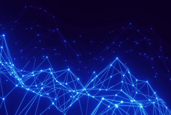 Abstract digital landscape with glowing blue lines and dots forming a network on a dark background, conveying technology and connectivity.