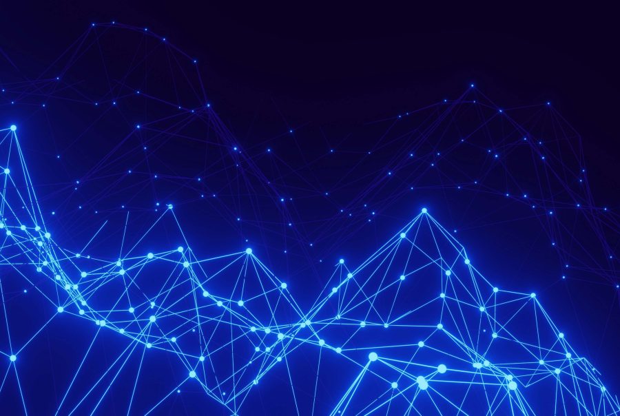 Abstract digital landscape with glowing blue lines and dots forming a network on a dark background, conveying technology and connectivity.