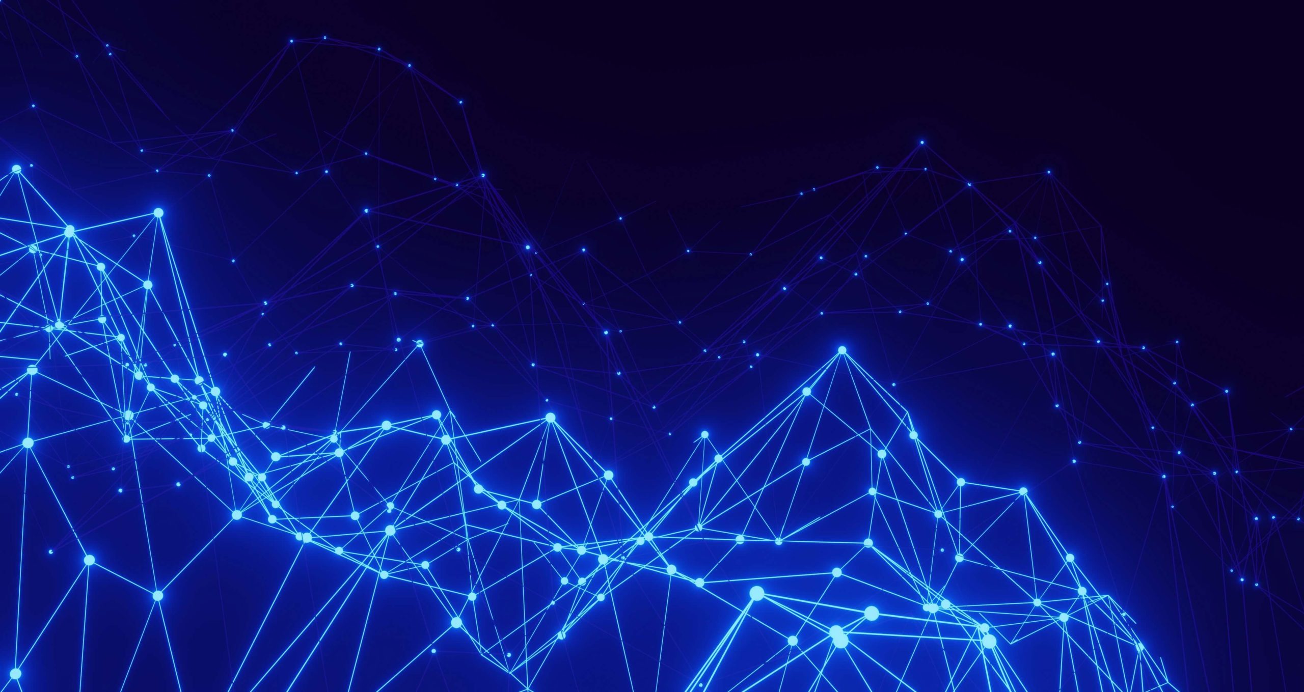Abstract digital landscape with glowing blue lines and dots forming a network on a dark background, conveying technology and connectivity.